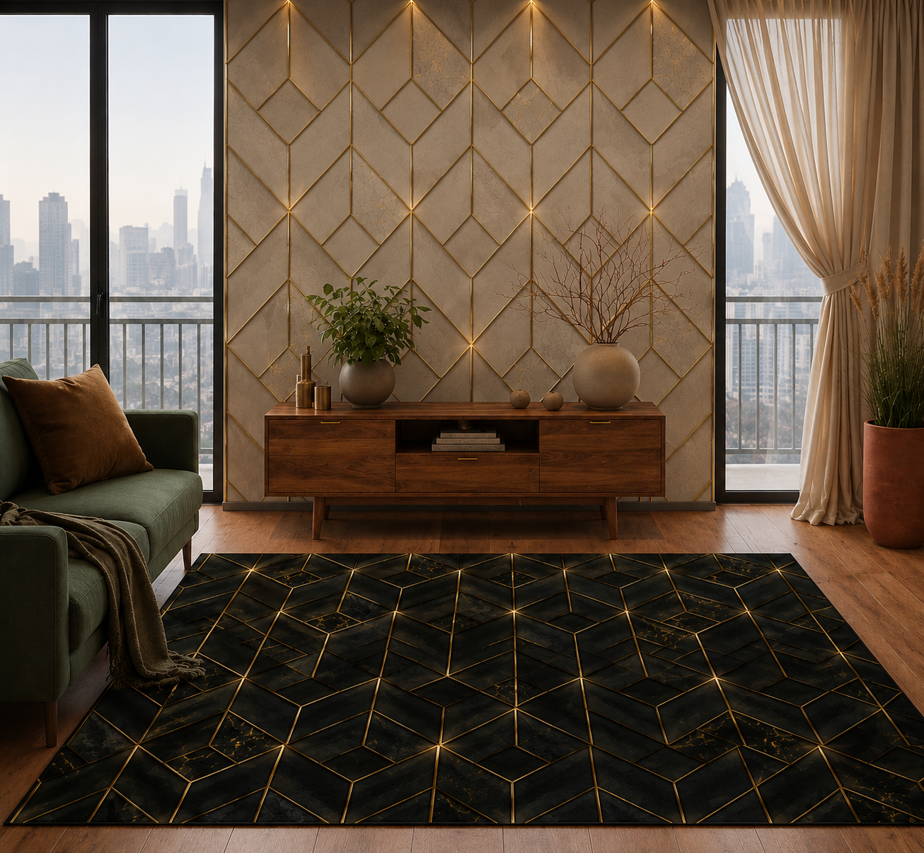 Geometric Black & Gold Washable Rug — Modern Chevron Accent Mat