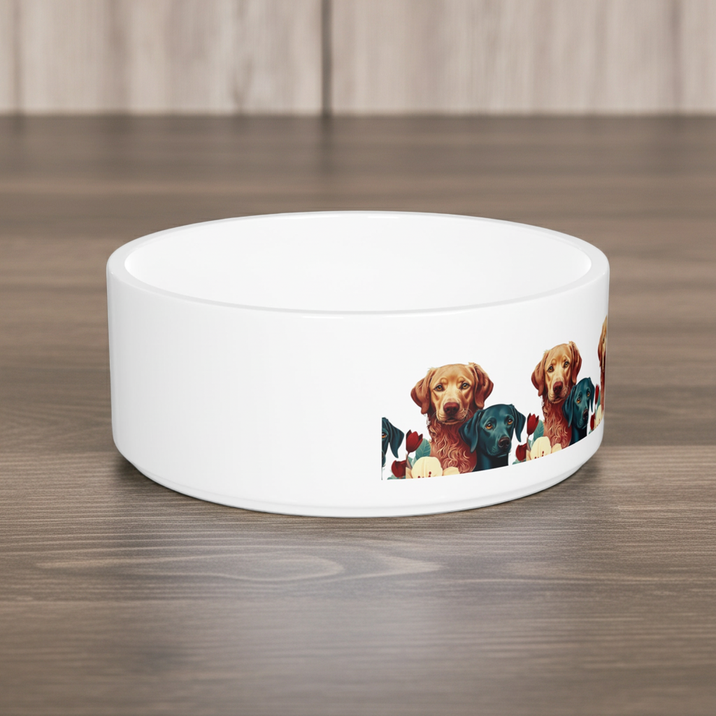 Dog Pattern Ceramic Pet Bowl — Colorful Labrador & Retriever Design