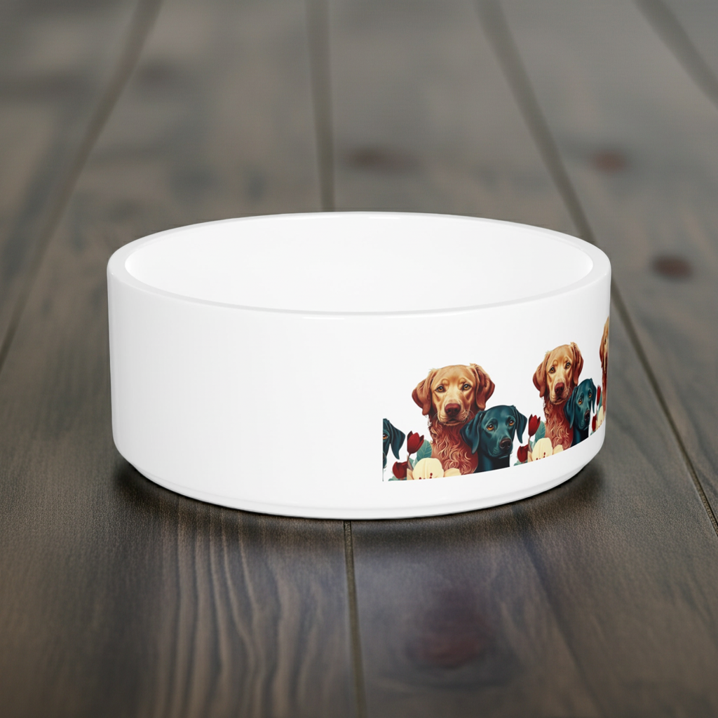 Dog Pattern Ceramic Pet Bowl — Colorful Labrador & Retriever Design