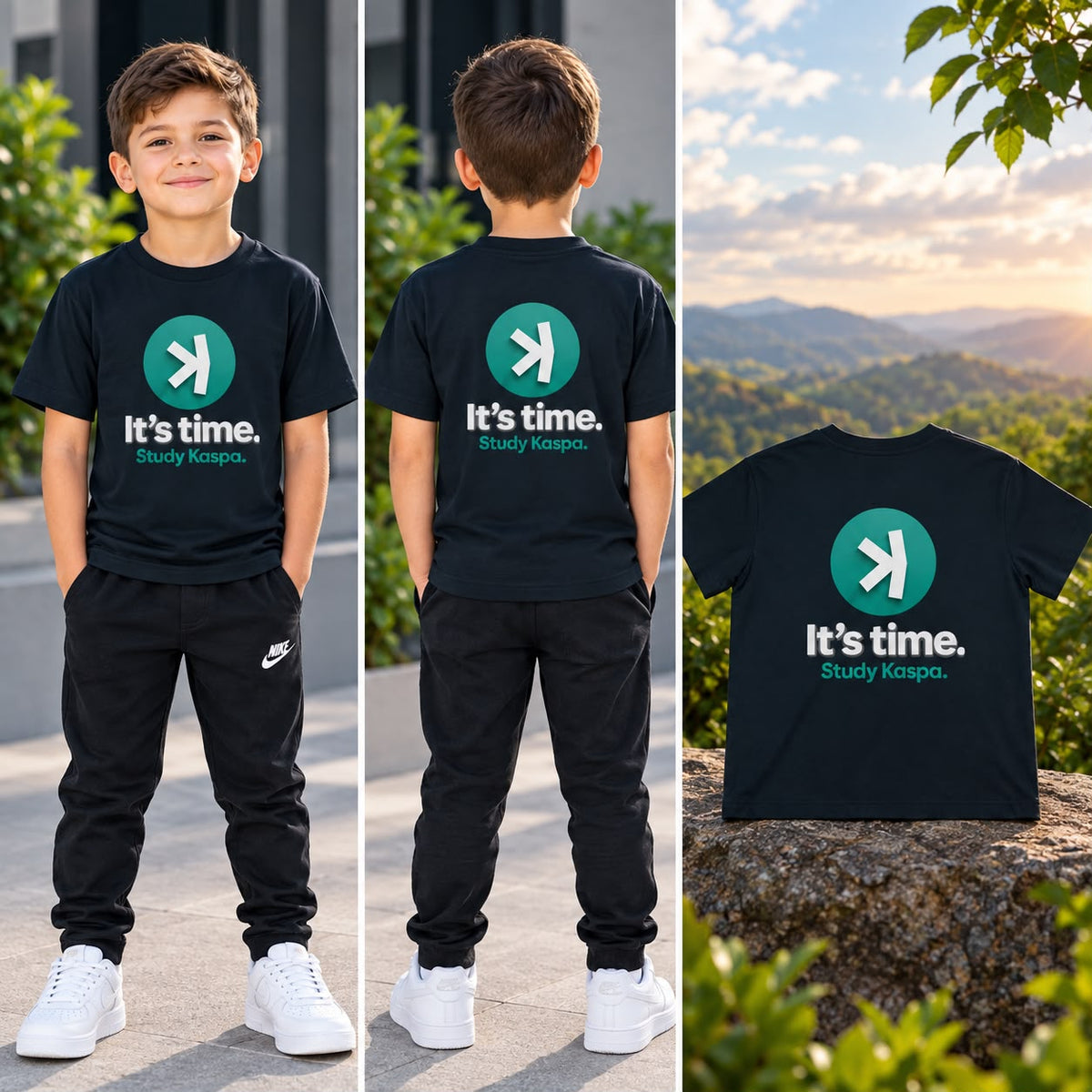 Kids Tee — It’s Time. Study Kaspa. Logo T‑Shirt