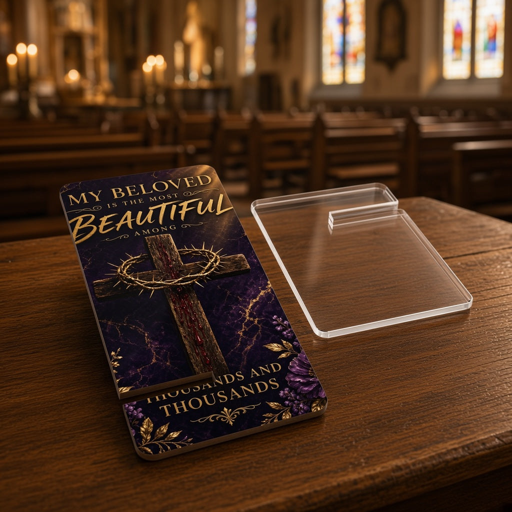 Christian Cross Phone Stand — "My Beloved Is the Most Beautiful" | Faith Desk & Nightstand Display