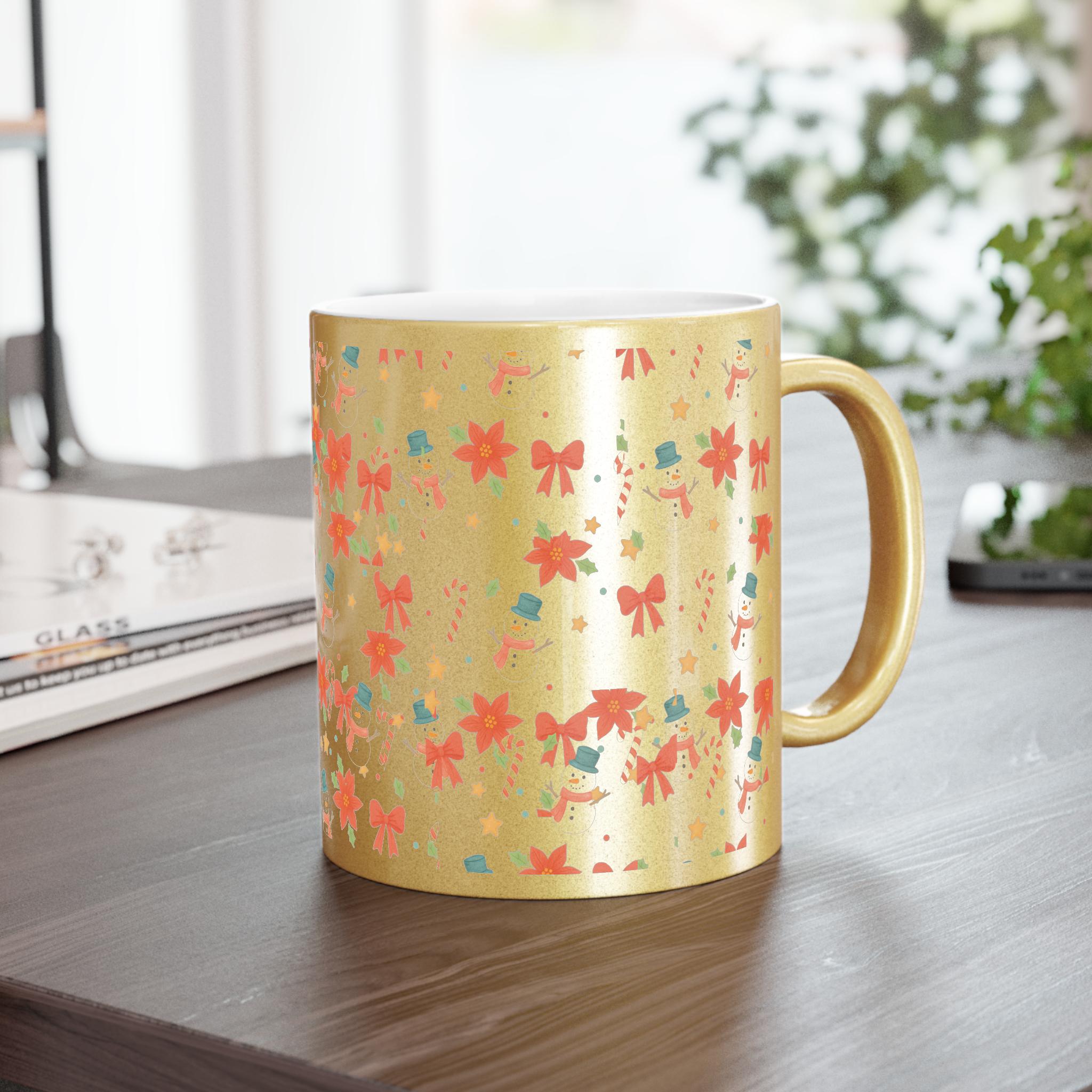 Holiday Snowman & Poinsettia Metallic Mug Gold Silver | Vintage Christmas Mug Personalized, Festive Bow Pattern Gift, Cozy Winter Coffee Cup
