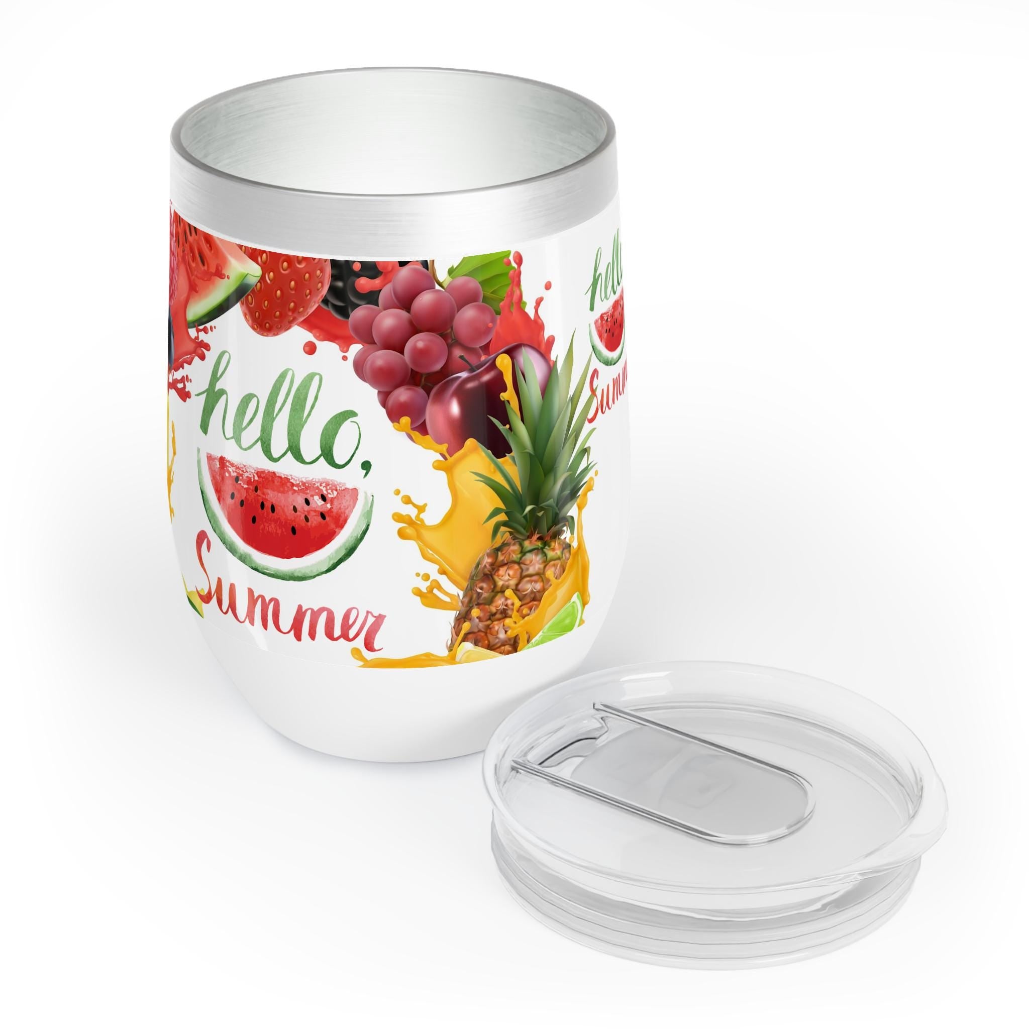 Vaso Térmico para Vino Hello Summer - Copa de Acero Inoxidable con Tapa, Regalo de Verano para Mujer, Wine Tumbler para Playa y Piscina
