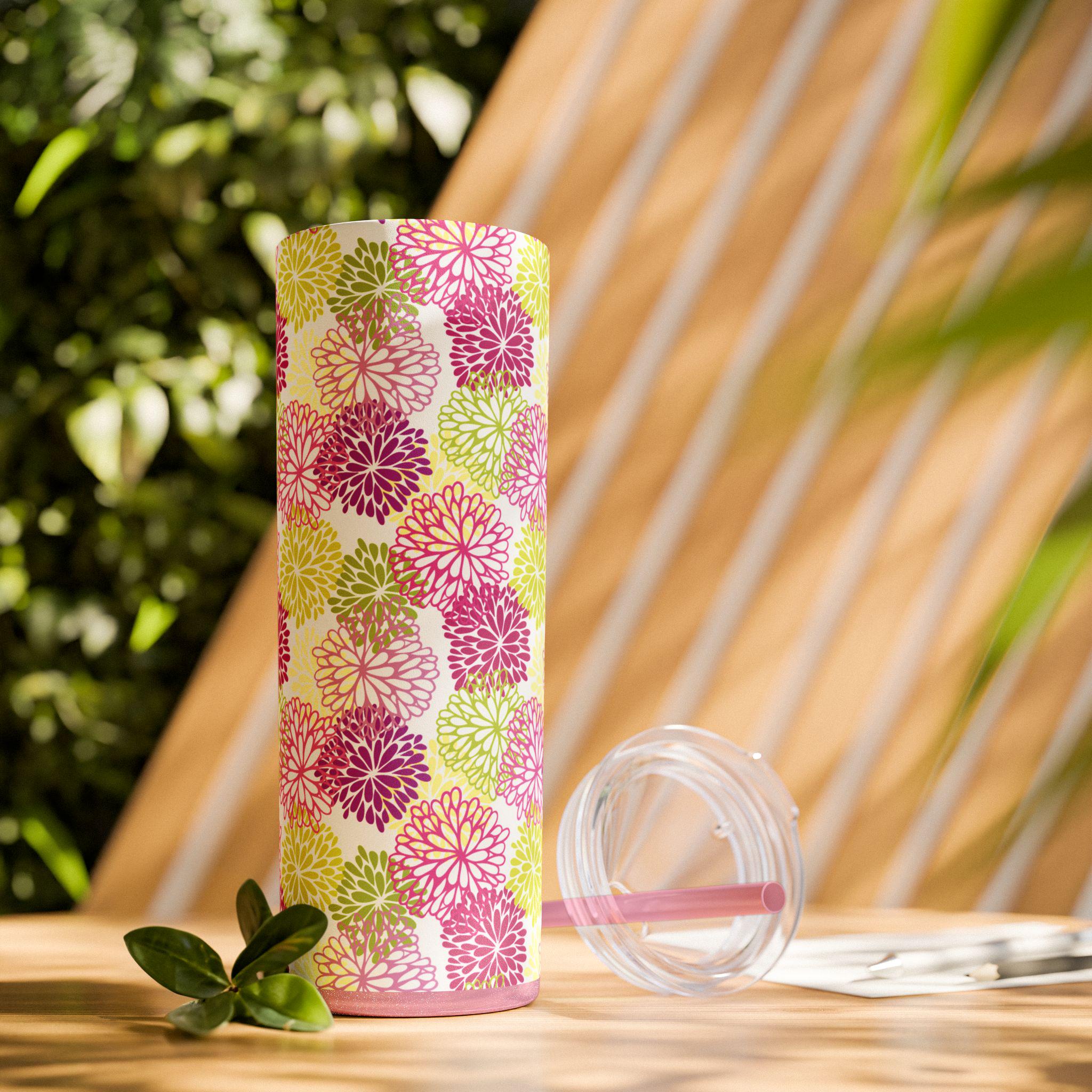 Vaso Térmico Skinny 20oz Floral - Tumbler de Acero Inoxidable con Pitillo, Regalo Botánico para Mujer, Vaso Estético para Café Helado