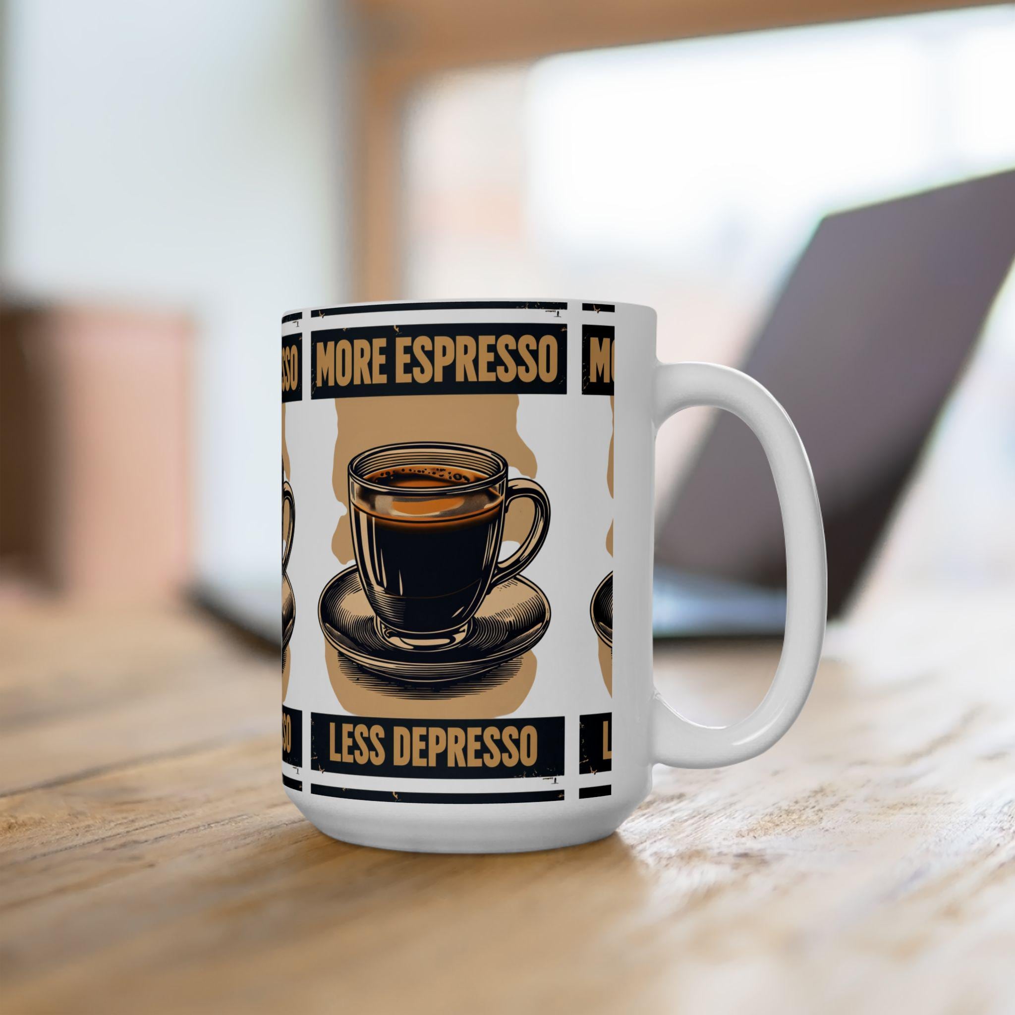 Taza More Espresso Less Depresso - Regalo Divertido para Amantes del Café, Mug de Cerámica Sarcástica, Regalo de Salud Mental
