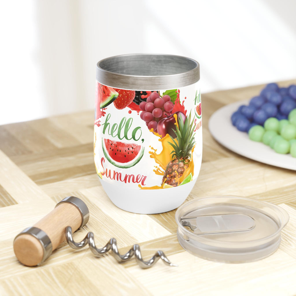 Vaso Térmico para Vino Hello Summer - Copa de Acero Inoxidable con Tapa, Regalo de Verano para Mujer, Wine Tumbler para Playa y Piscina