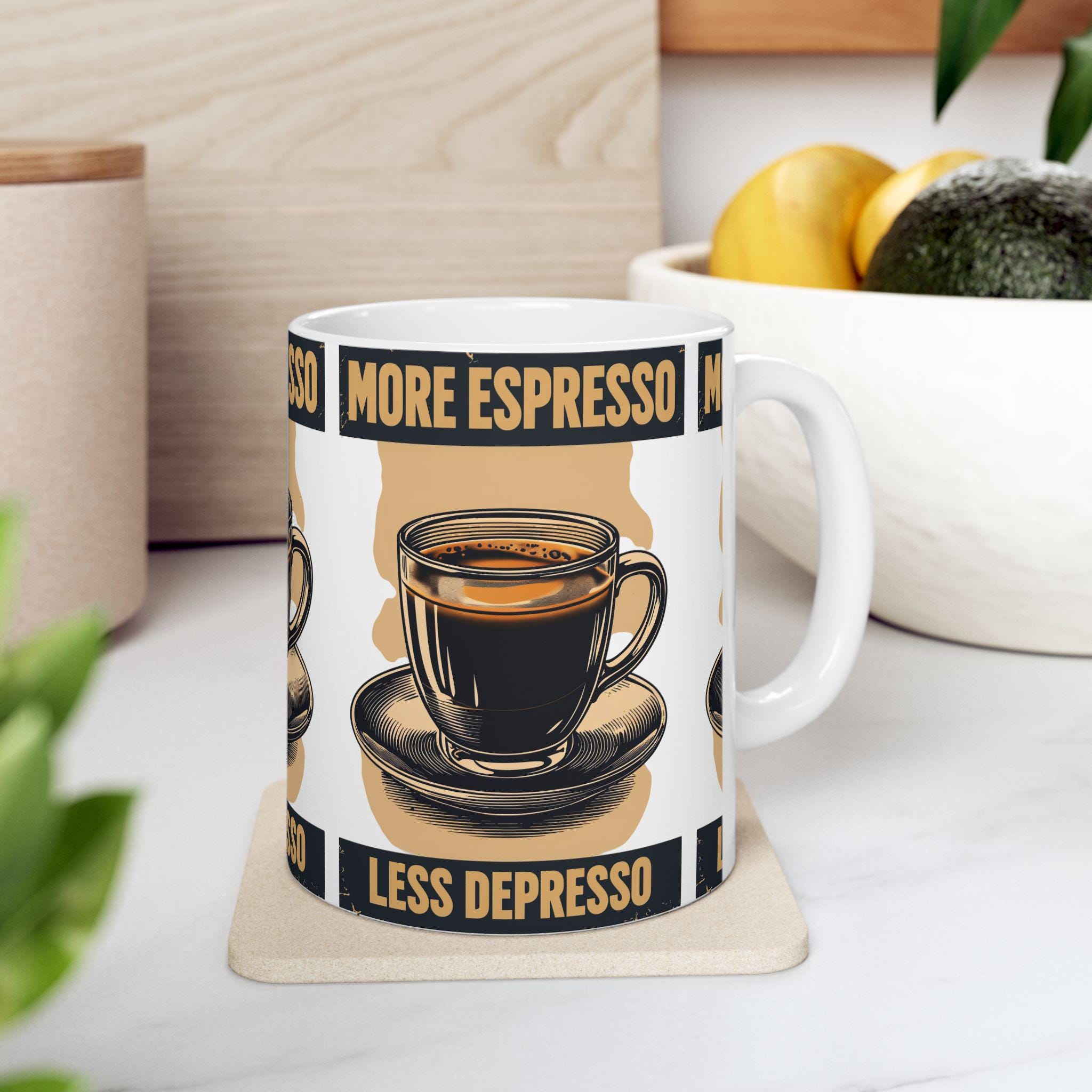 Taza More Espresso Less Depresso - Regalo Divertido para Amantes del Café, Mug de Cerámica Sarcástica, Regalo de Salud Mental