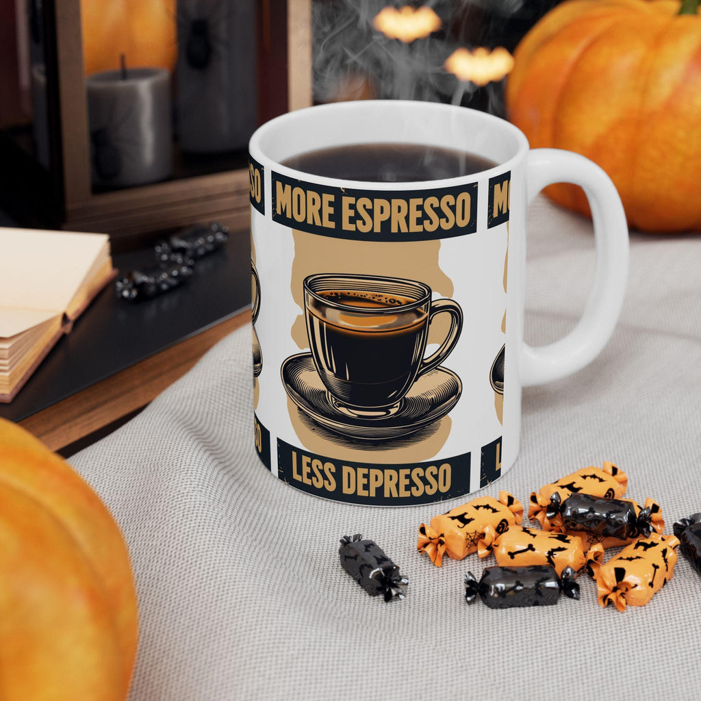 Taza More Espresso Less Depresso - Regalo Divertido para Amantes del Café, Mug de Cerámica Sarcástica, Regalo de Salud Mental