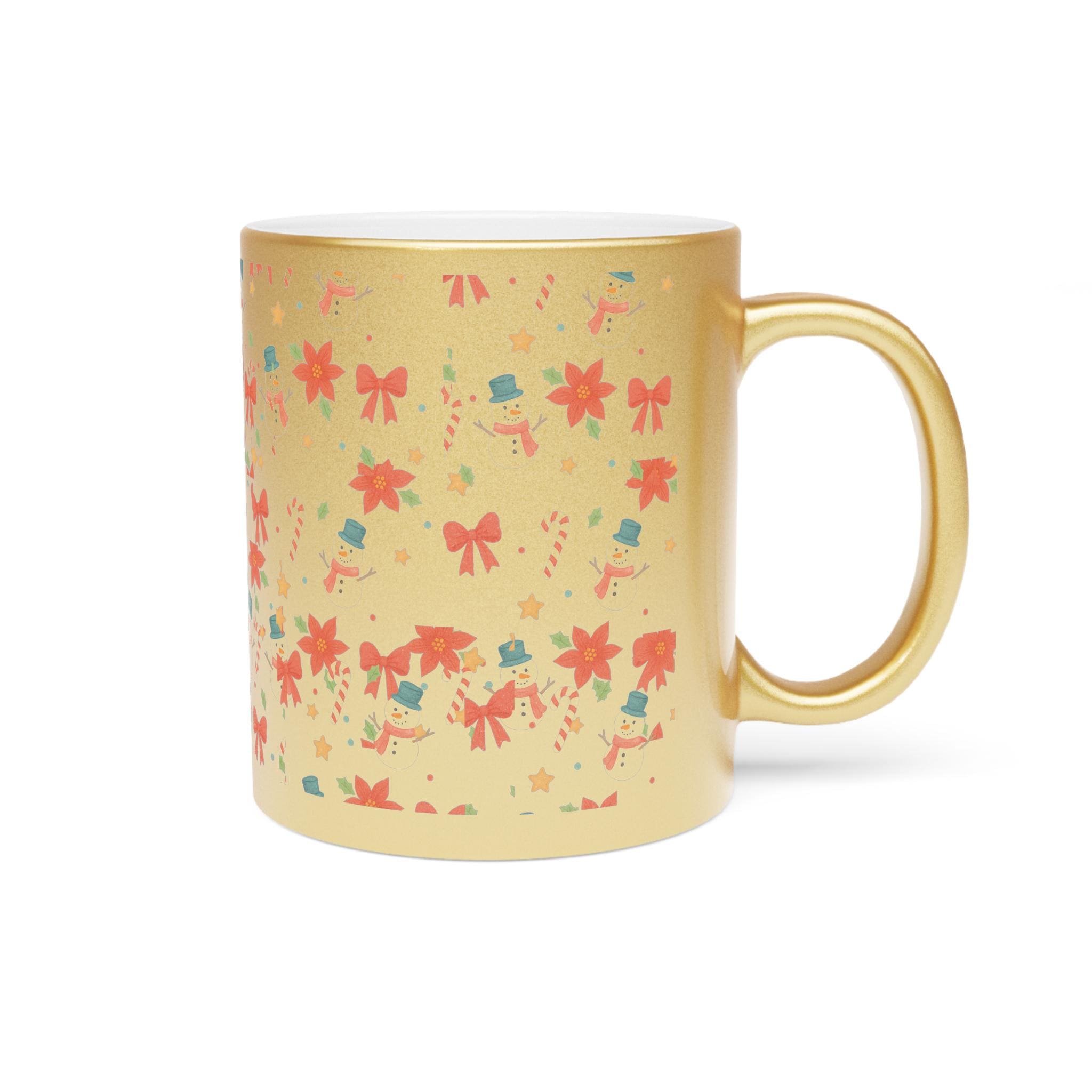 Holiday Snowman & Poinsettia Metallic Mug Gold Silver | Vintage Christmas Mug Personalized, Festive Bow Pattern Gift, Cozy Winter Coffee Cup