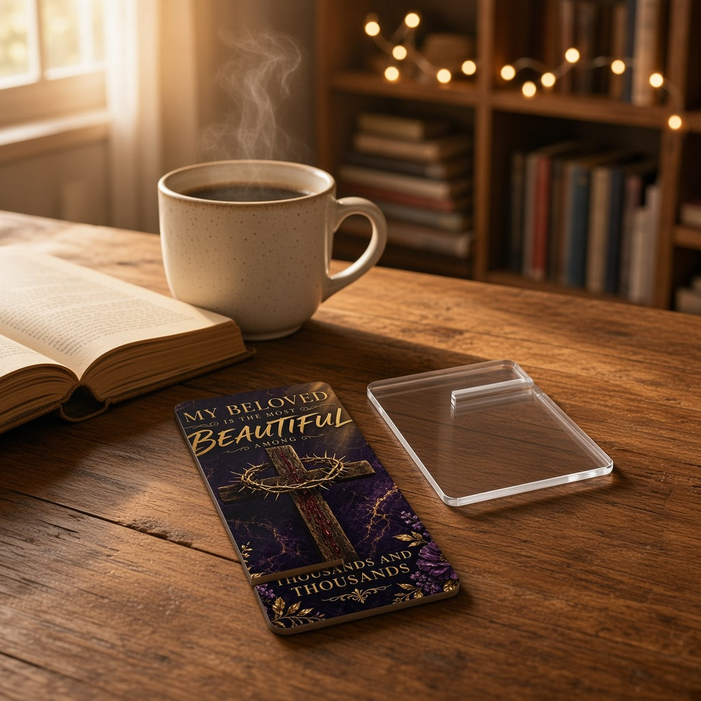 Christian Cross Phone Stand — "My Beloved Is the Most Beautiful" | Faith Desk & Nightstand Display