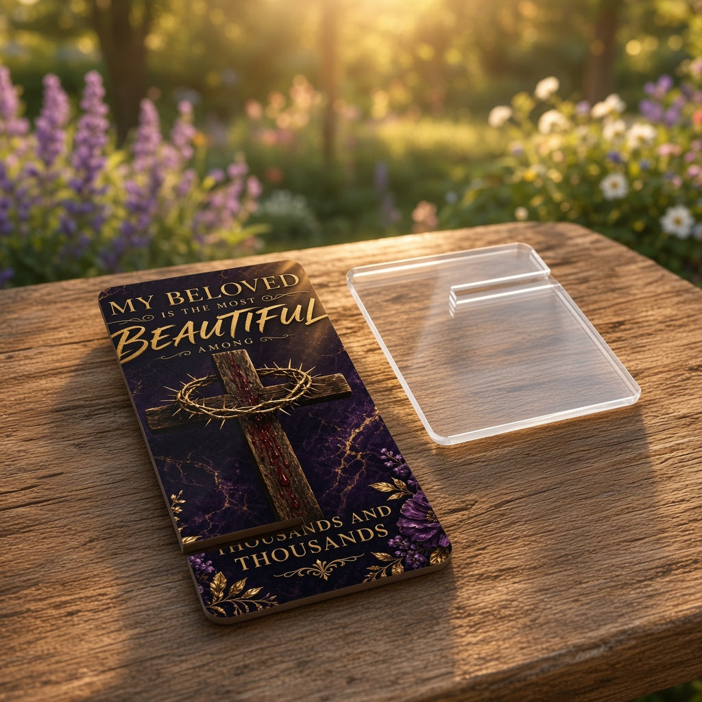Christian Cross Phone Stand — "My Beloved Is the Most Beautiful" | Faith Desk & Nightstand Display